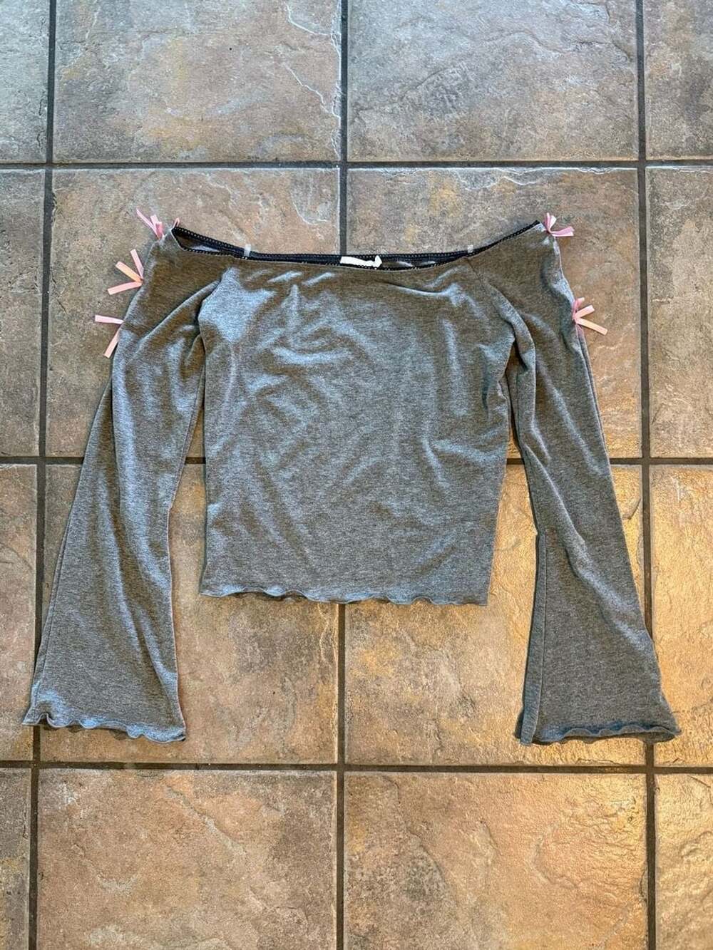 Lush Grey Off-The-Shoulder Bell Sleeve Top with Pink Ribbons